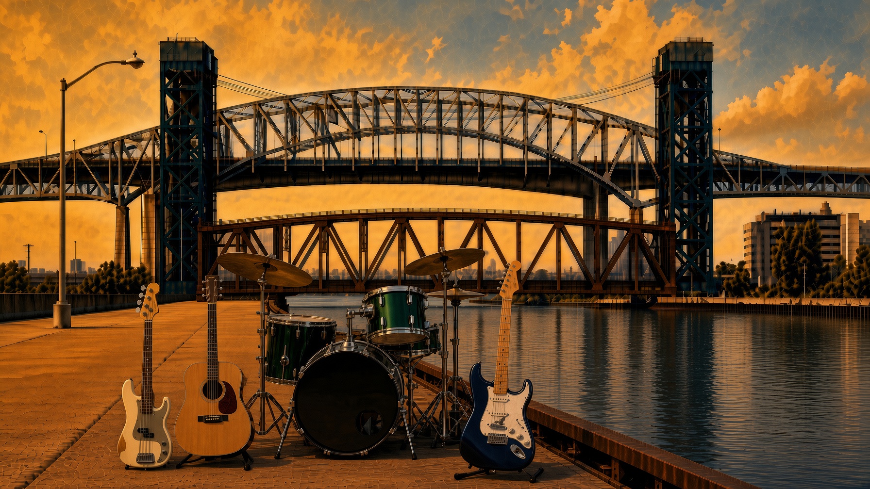 Acoustic guitar on the Burlington Canal pier looking toward the lift bridge, Skyway, and Hamilton